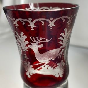 Rare Small Czech Bohemia Glass Cranberry Cut to Clear Deer Castle Flag Forest